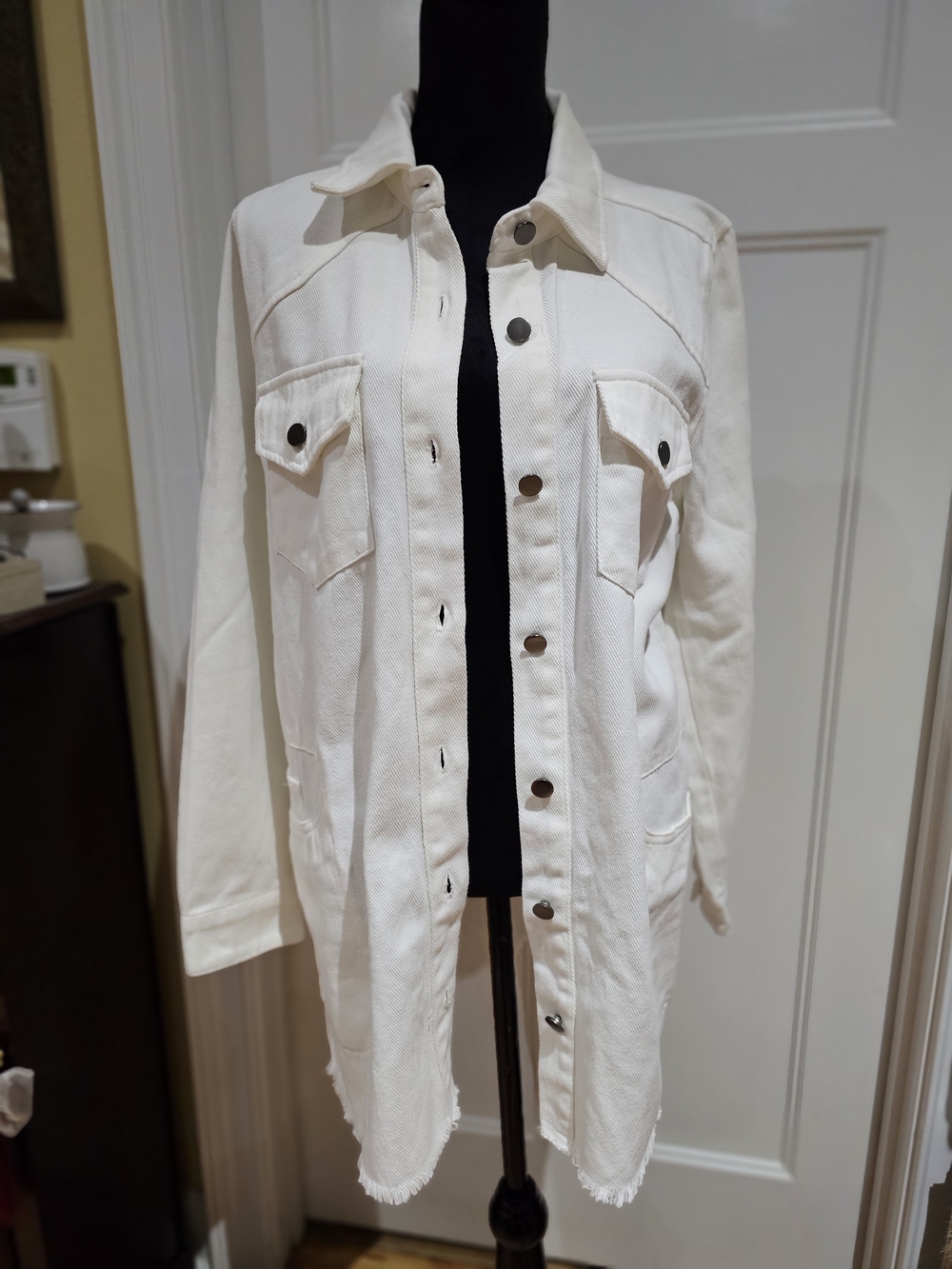 She + Sky White Long Button-Front Jean Jacket, NWOT